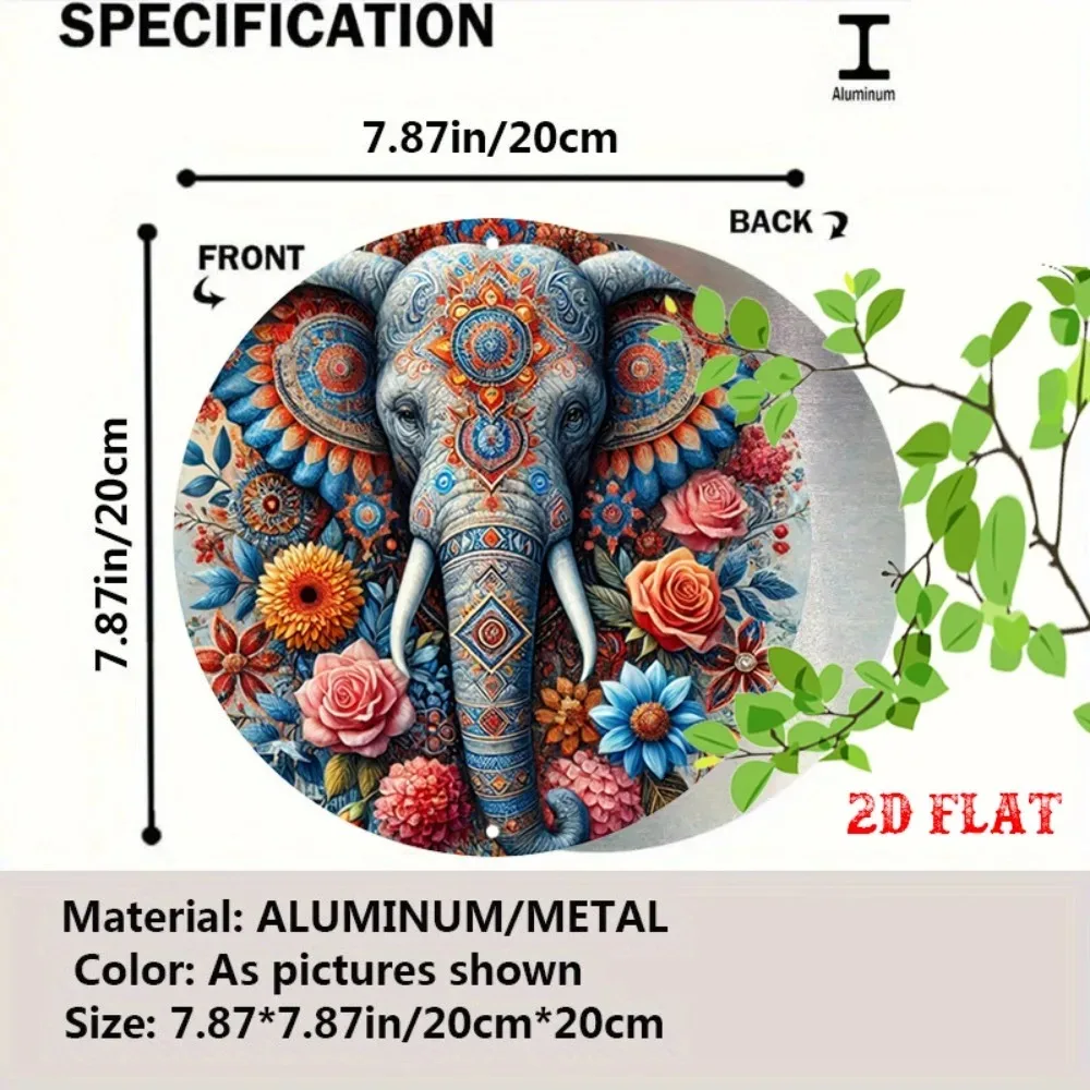 Vibrant Aluminum Round Wall Art Indian Mandala Elephant 2D Metal Sign Home Cafe Garage Decor