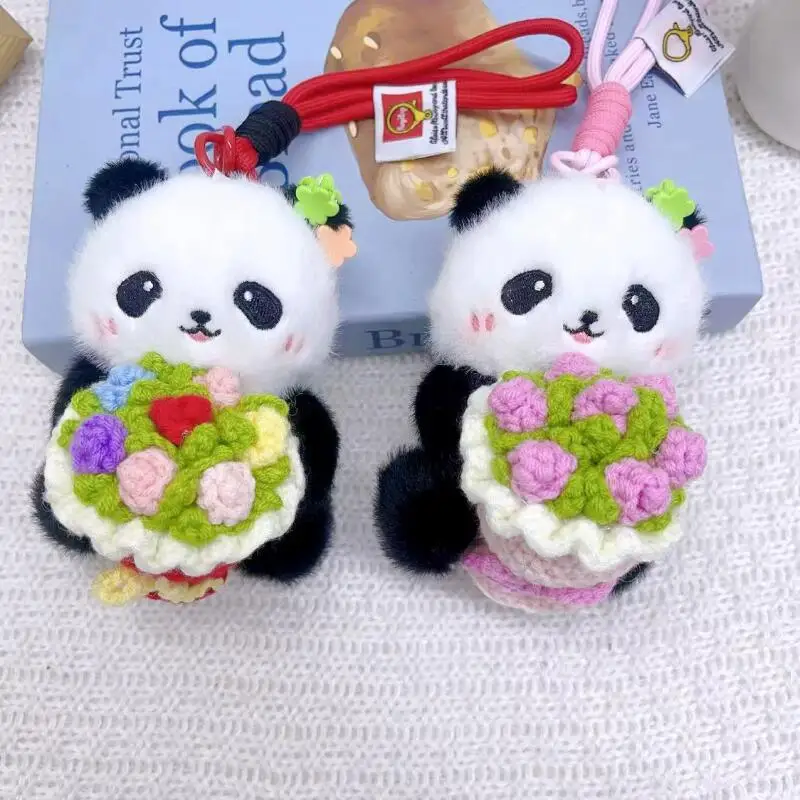Simpatico fard Panda Materiale in lana che tiene bouquet Corda intrecciata Morbido peluche Portachiavi Itabag Decorazione con cerniera Coppia regalo di Natale