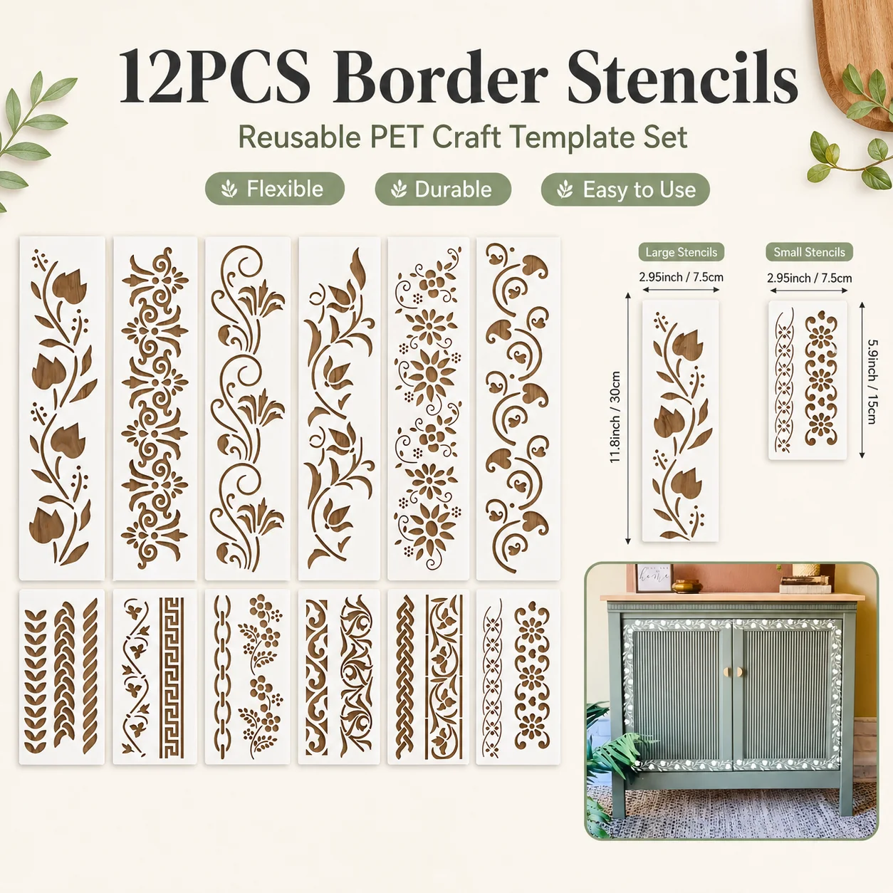 Conjunto de estêncil DIY com 12 peças - Flores, grama, árvores e plantas para madeira, parede, tela, papel, ideal para artesãos e artistas