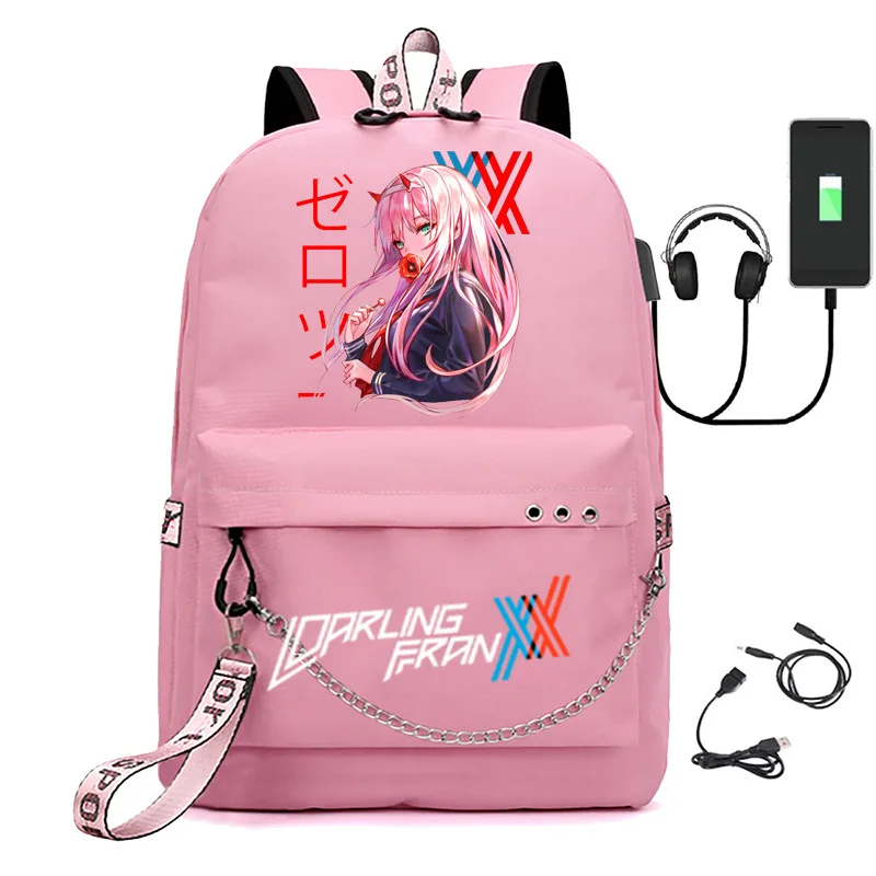 Hip Hop Youthful School กระเป๋า DARLIN Ginthe FRANXX กระเป๋าเดินทาง USB ชาร์จ Oxford กันน้ําโน้ตบุ๊คกระเป๋าเป้สะพายหลัง