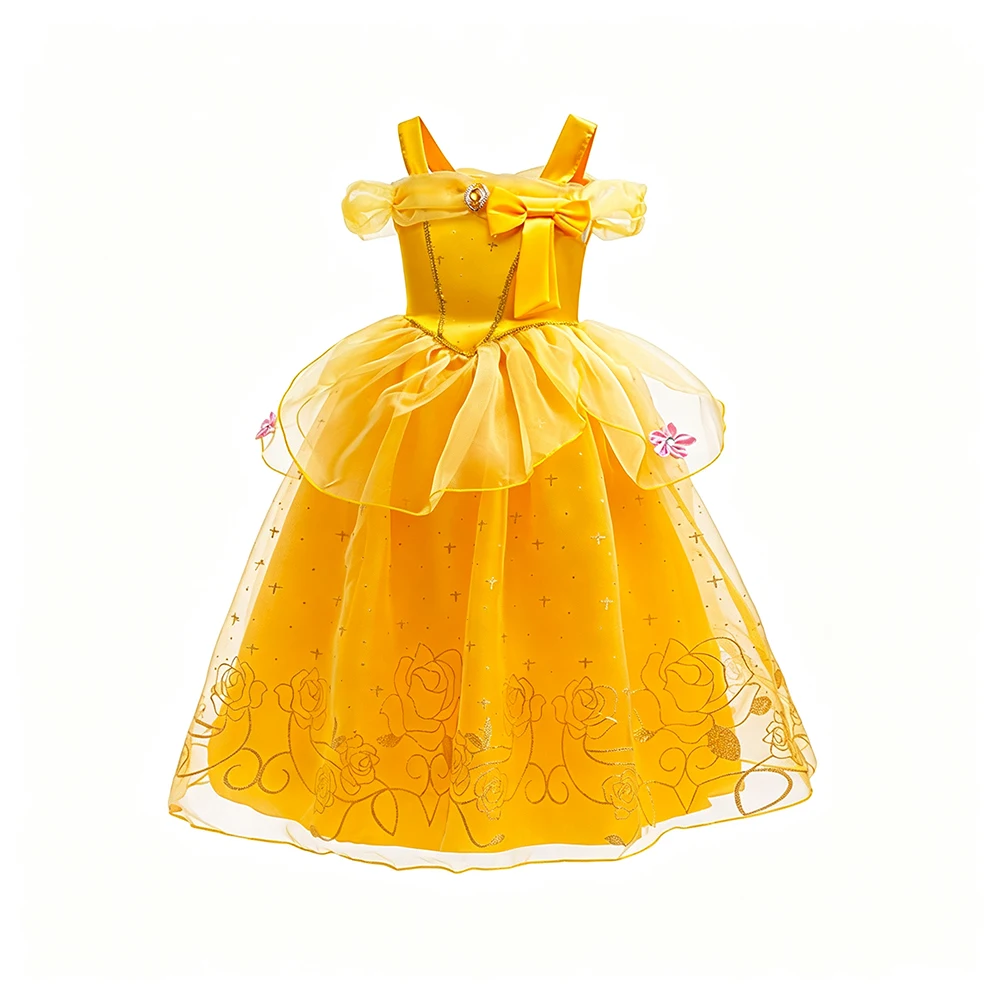 Kids Belle Elegant Costume Girls Princess Birthday Cosplay Party Yellow Mesh Dress Children Carnival Luxury Ball Gown