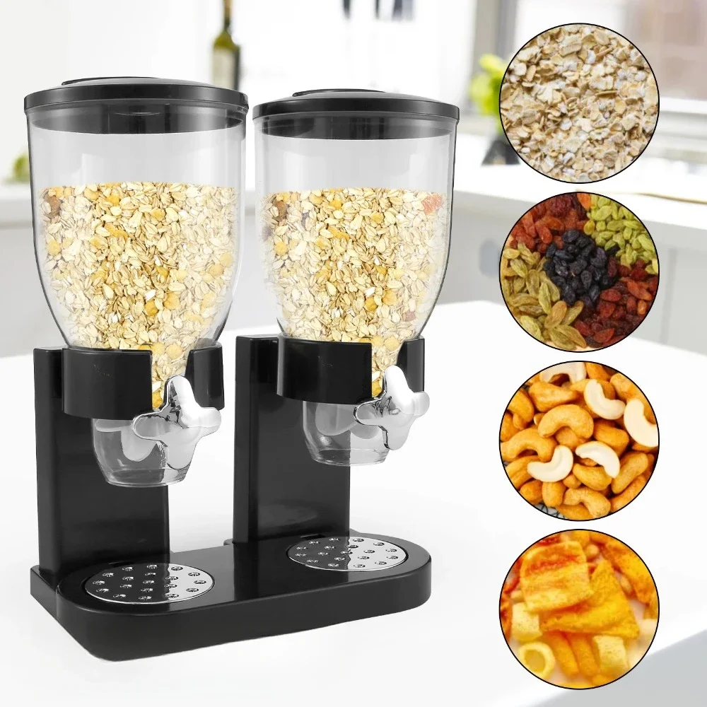 Double Cereal Dispenser Dual Dry Food Storage Pot Button Extraction Kitchen Cereal Jars Dispenser Storage Candy Nut Grain Snack