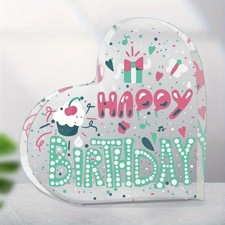 Heart Shaped Acrylic Plaque Happy Birthday Cupcake Pattern Desktop Decor Gift