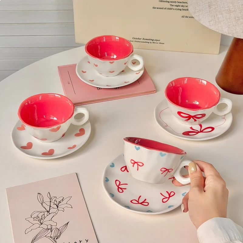 High Appearance Korean Style Ceramic Coffee Cup Saucer Set Small Fresh Heart Bowknot Afternoon Tea Cup Gift Porcelain Drinkware
