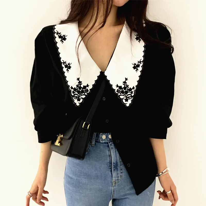 

Fashion Women Shirts Vintage Button Tees Blouse Sexy Big Large Embroiry Top Loose Casual Tops Cardigan