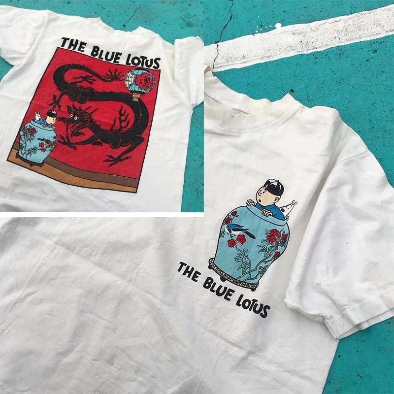 

Men's Retro Tintin Adventures Blue Lotus Short Sleeve Men's Cartoon Fun Cotton T-shirt