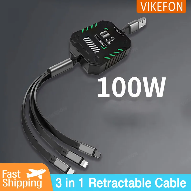 100W 3 In 1 Retractable Usb Cable Fast Charging And Data Micro Usb Type C For iPhone 15 14 13 Max Pro Samsung Xiaomi Smart Phone