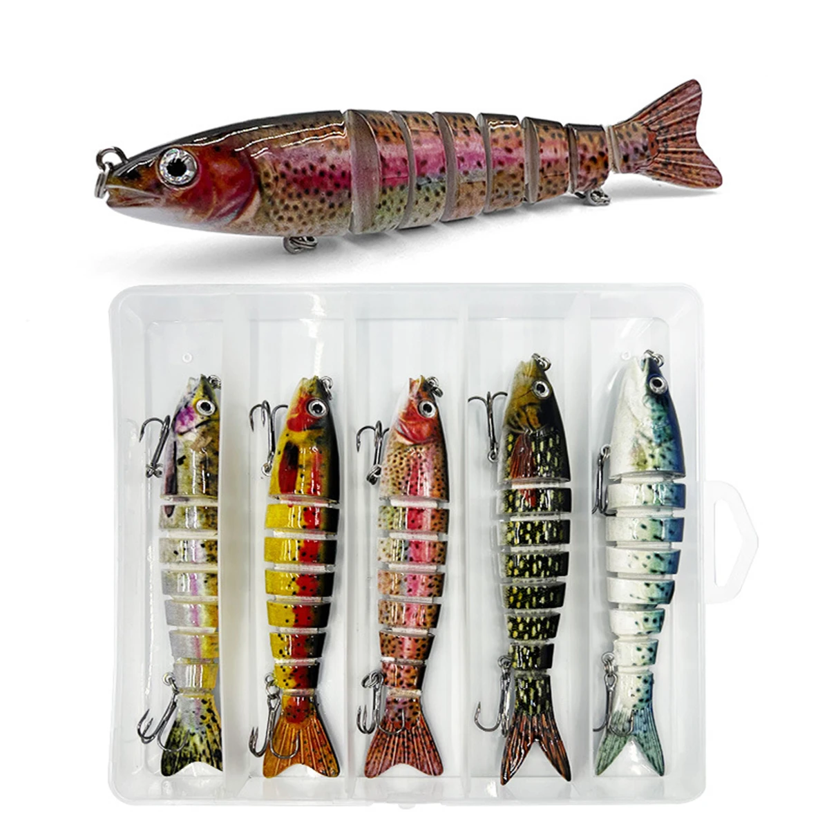 

5Pcs Fishing Lure Kit 3D eyes Multi Jointed Swimbait CrankBait Slow Sinking Bionic Artificial Bait Saltwater Trout Bass With Box