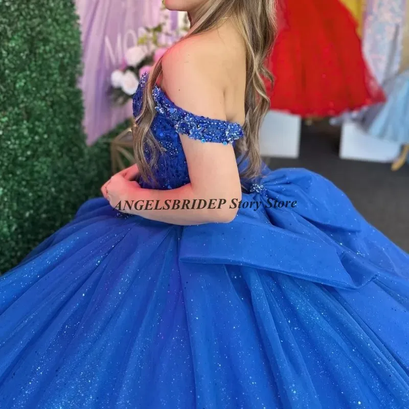 ANGELSBRIDEP-vestidos de quinceañera azul real, vestido de baile con hombros descubiertos, cuentas, lazo de cristal, fiesta de cumpleaños dulce de 16 años personalizada