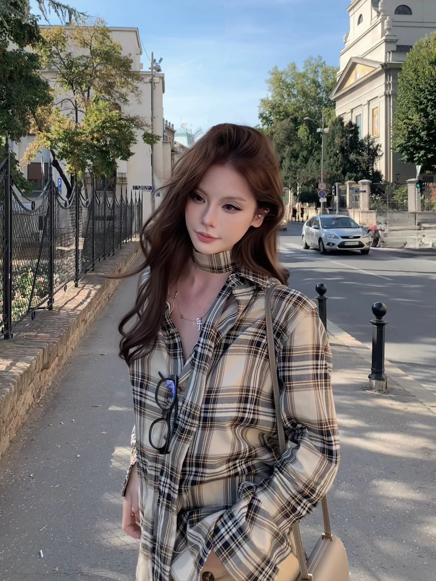 

Thirteen Xin Songdai Holiday Women's Plaid irt YL Fabric Long Sve Cotton Breathable Loose Fit with Sa Midi Skirt