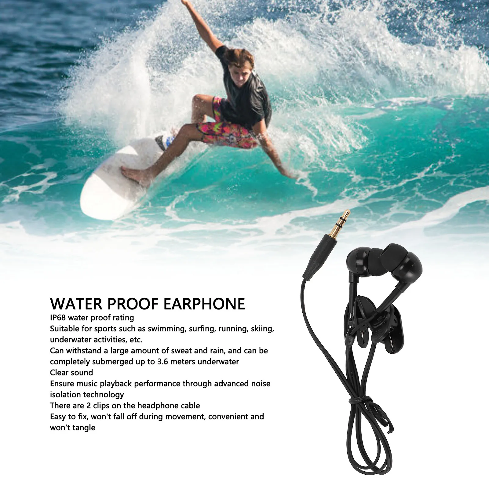 Water Proof Earphone 40cm Short Cord 3.5mm Plug IP68 in Ear Earbuds with 8 Eartips for Swimming Surfing Running Wired Earbuds