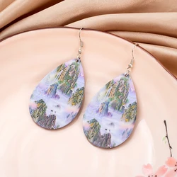 New Fashion Landscape Relievo Printing Acrylic Water Drop Earrings For Women Aesthetic Lightness Products Elegant Girls Jewelry