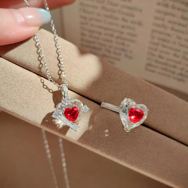 New Cupid White Crystal Peach Heart Necklace Sweet Love Ring Colorful Zircon Jewelry Set for Women Romance Gift KOFSAC