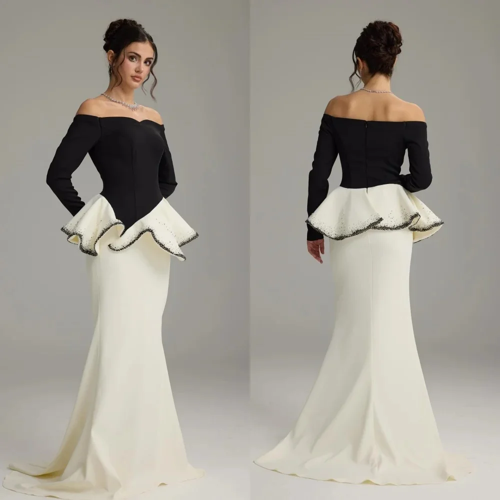 

MCDV Customized Graceful Jersey Mermaid Off the Shoulder Sequined Crystal Evening Dress Temperament Boat Neck Prom Gowns