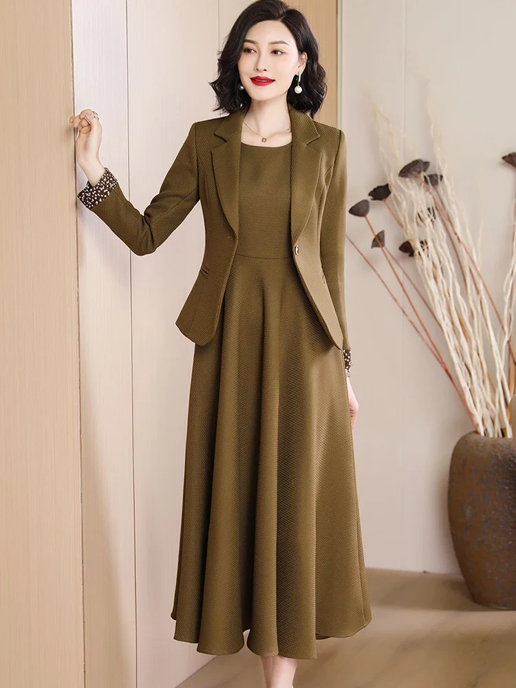 New Women Elegant Office Lady Dress Suits Spring Autumn Fashion Single Button Slim Blazer and O-Neck Sleeveless Long Dress