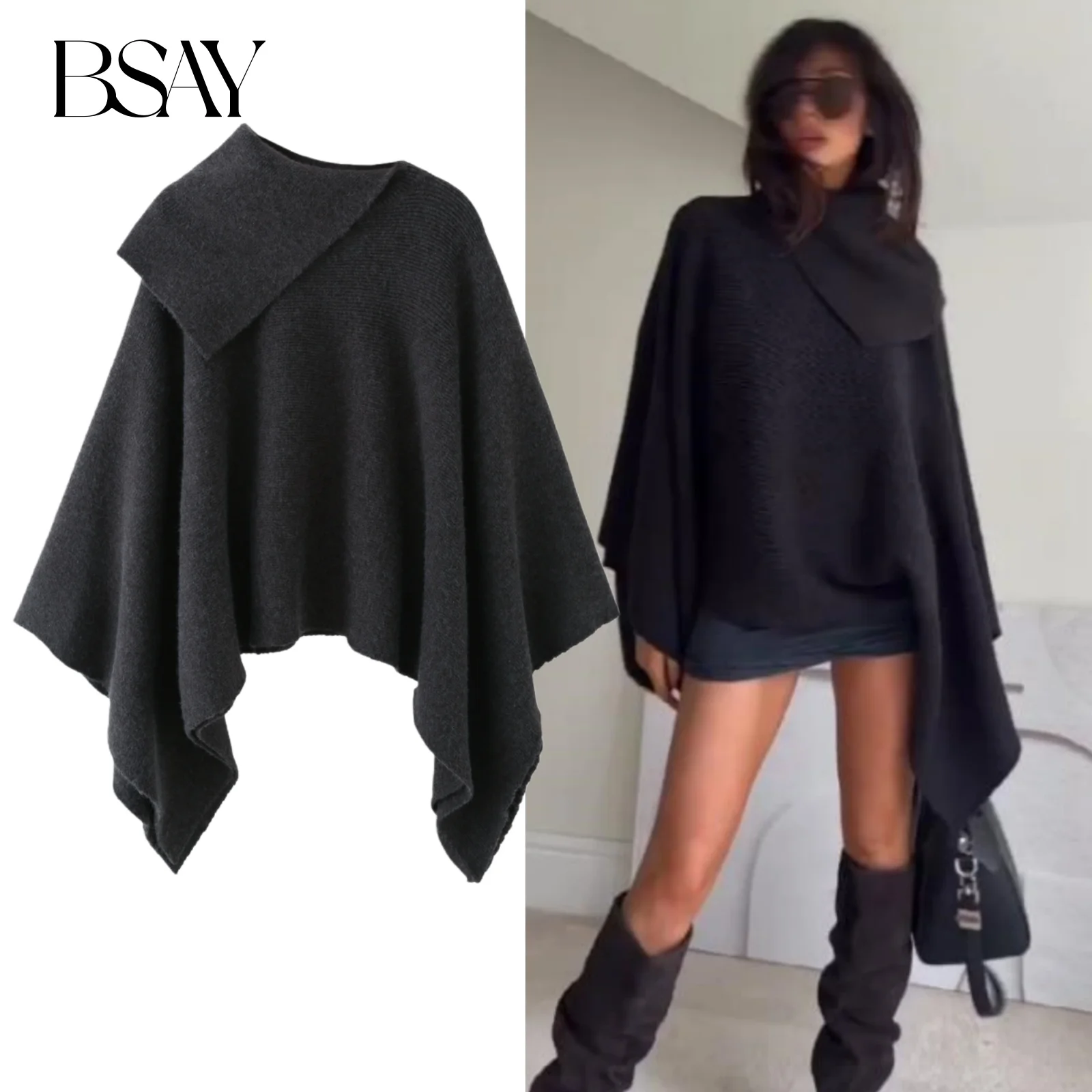 

BSAY плащ с асимметричным воротником, вязаный свитер для женщин, модная осенне-зимняя новая шикарная женская теплая верхняя одежда с длинными рукавами Mujer