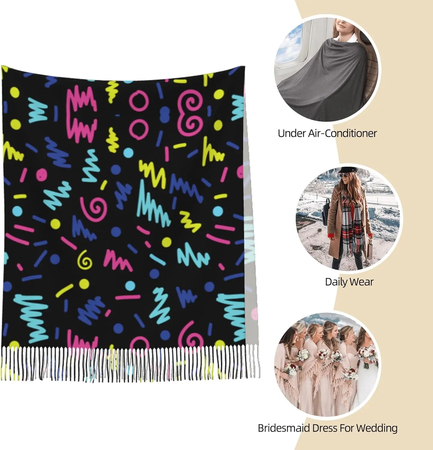 80s 90s مشرق النيون سيدة نمط طويل دافئ شرابة وشاح أطول أنيق مطبوعة شالات طباعة شرابة وشاح لينة الدافئة وشاح كبير #4