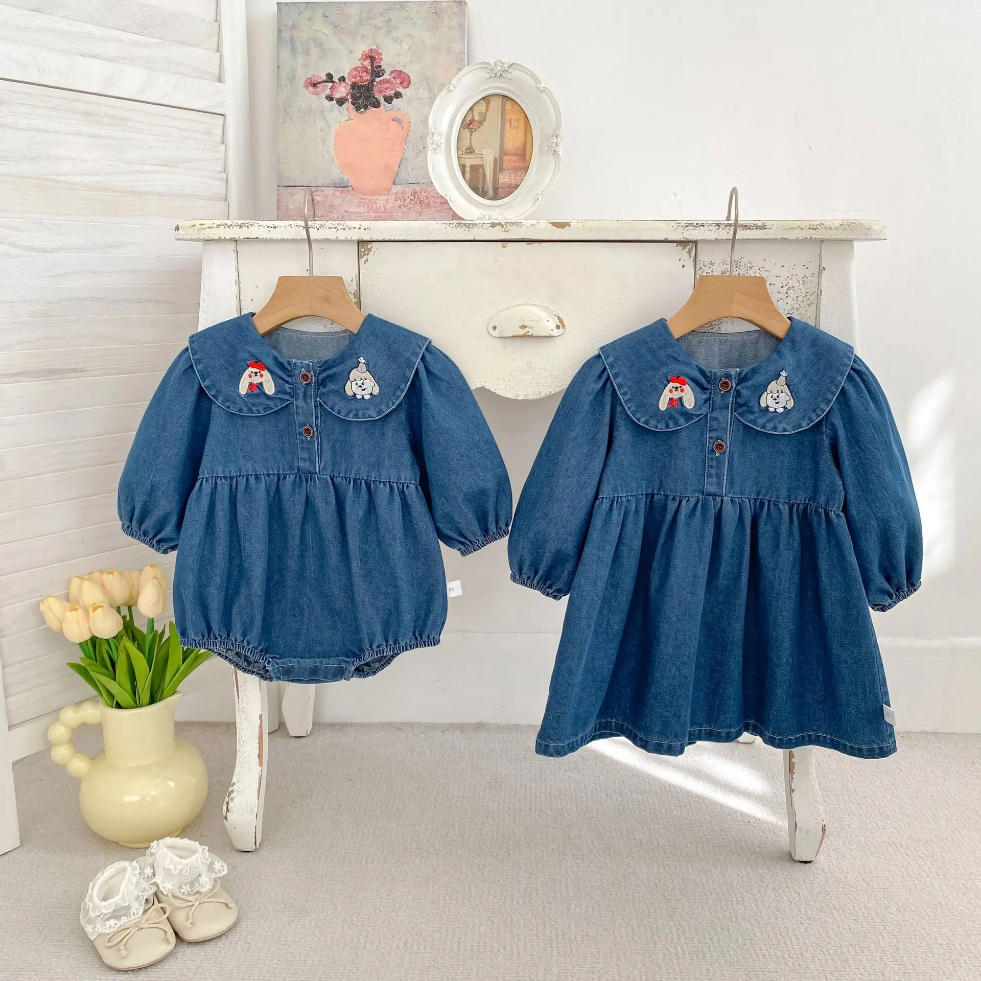 2026 Spring New Girls Long Sleeve Denim Dress Children Cute Cartoon Embroidery Lapel Dress Baby Girl Bodysuit Sisters Clothes