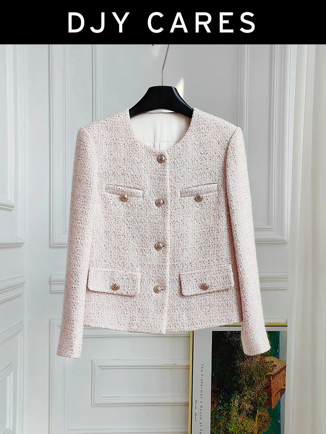 

New Coarse tweed light pink luxury sequin jacket top big size