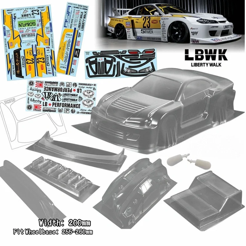 1/10 PC RC Silvia S15 LBWK Wide Body Shell 200mm Width Lampshade Tail Transparent Shell Body For Turing Dirft Mst Yokomo Hpi Hsp