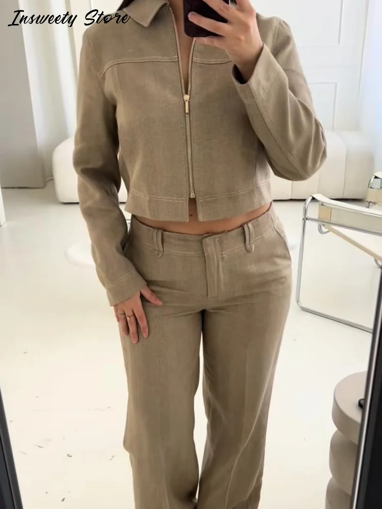 معاطف غير رسمية أطقم سراويل نسائية بياقة مقلوبة وأكمام طويلة وسحابات علوية عالية الخصر بنطلون 2025 خريف جديد بدلة أنيقة للسيدات