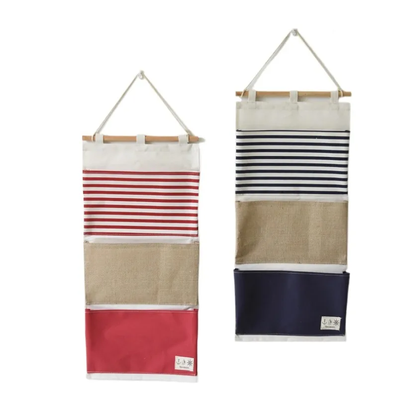 Hot Sale 1pcs/1pair Sundry Storage Hanging Storage Bag/Wall Bag  Striped Splicing Wall Hanging Multi-Function Bag 3 Pockets