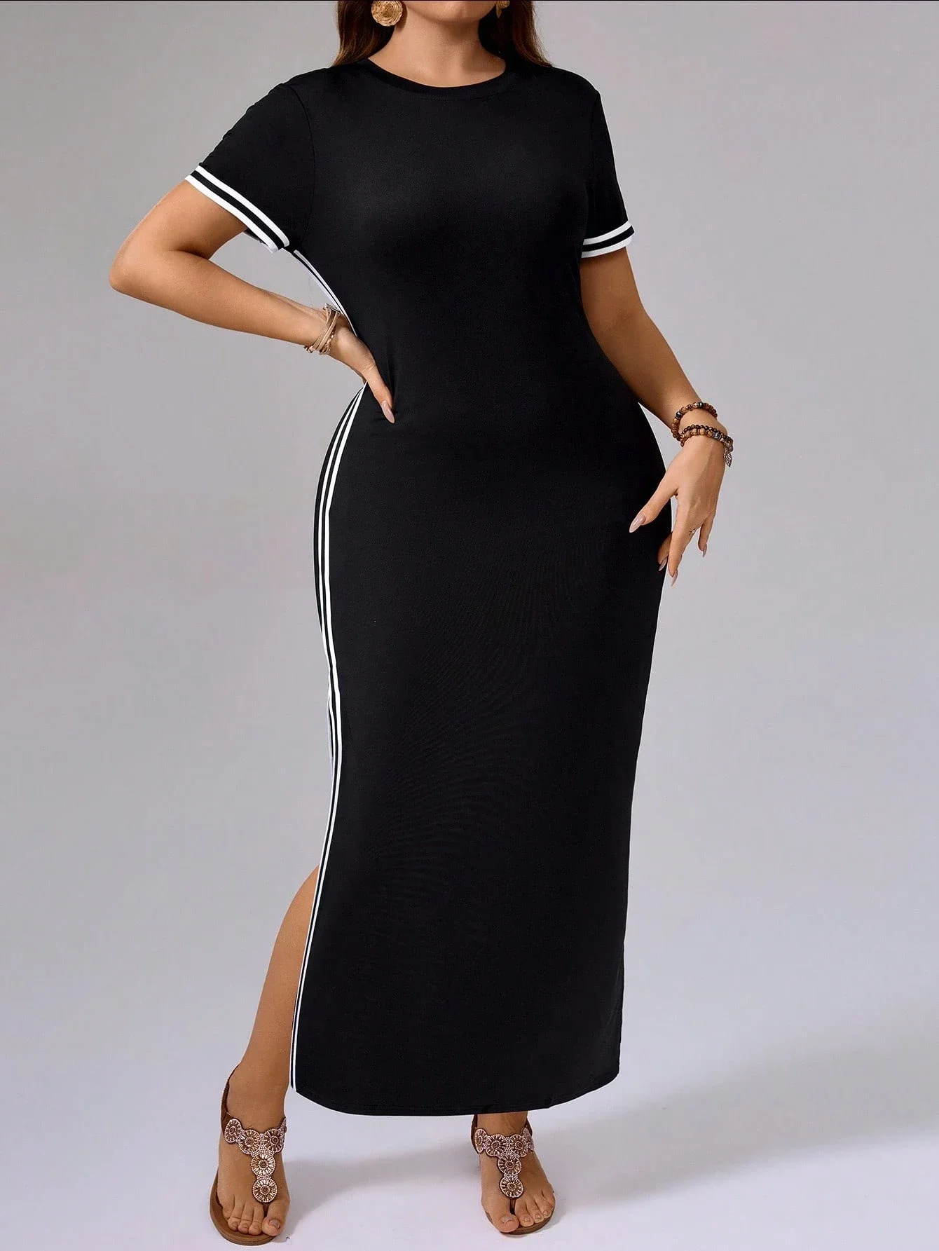 

Black Sporty Long Dress With Side Slit And White Stripes