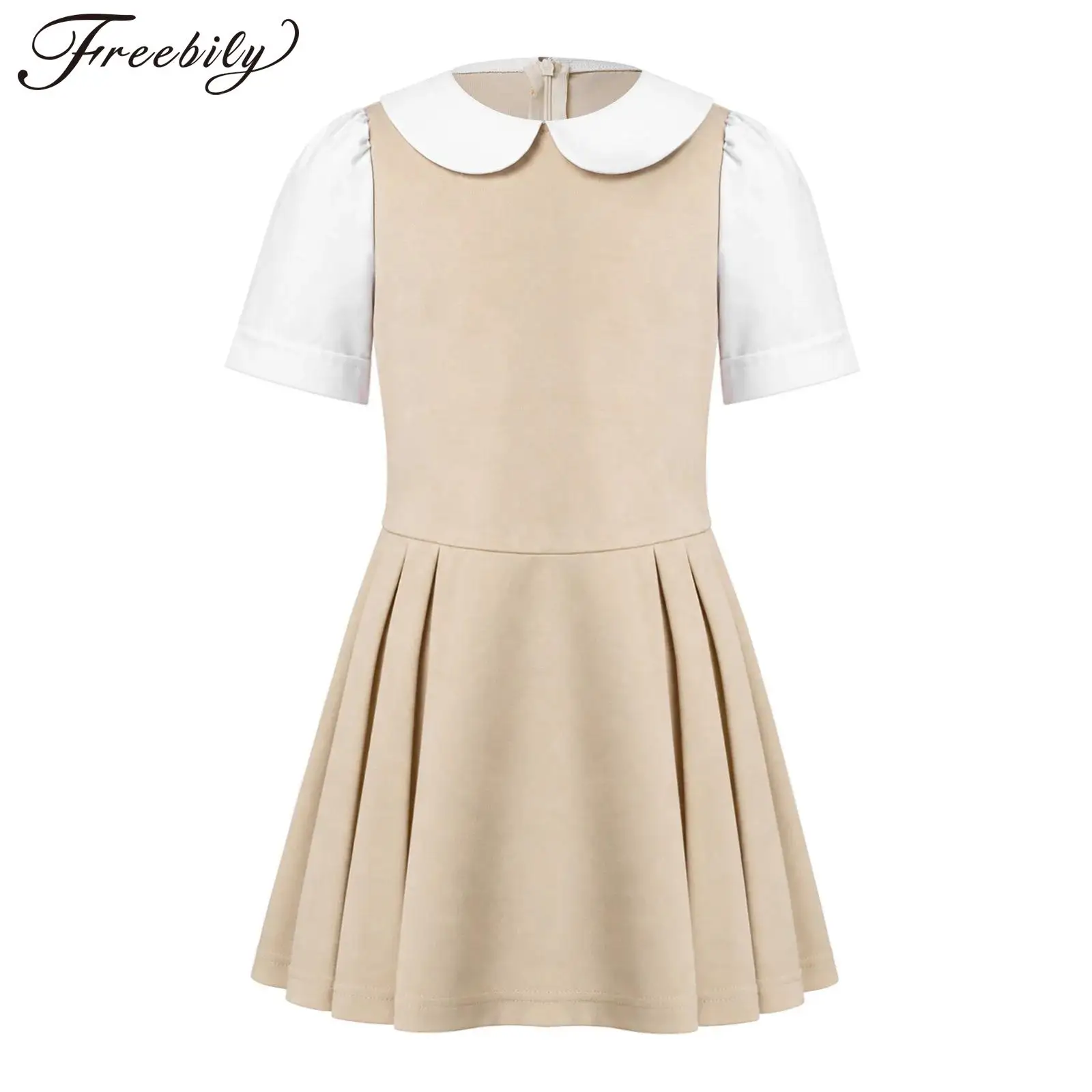 Girls School Uniform Dress Kids College Style Doll Collar Short Sleeve Pleated Dress for Elementary School Students Performance