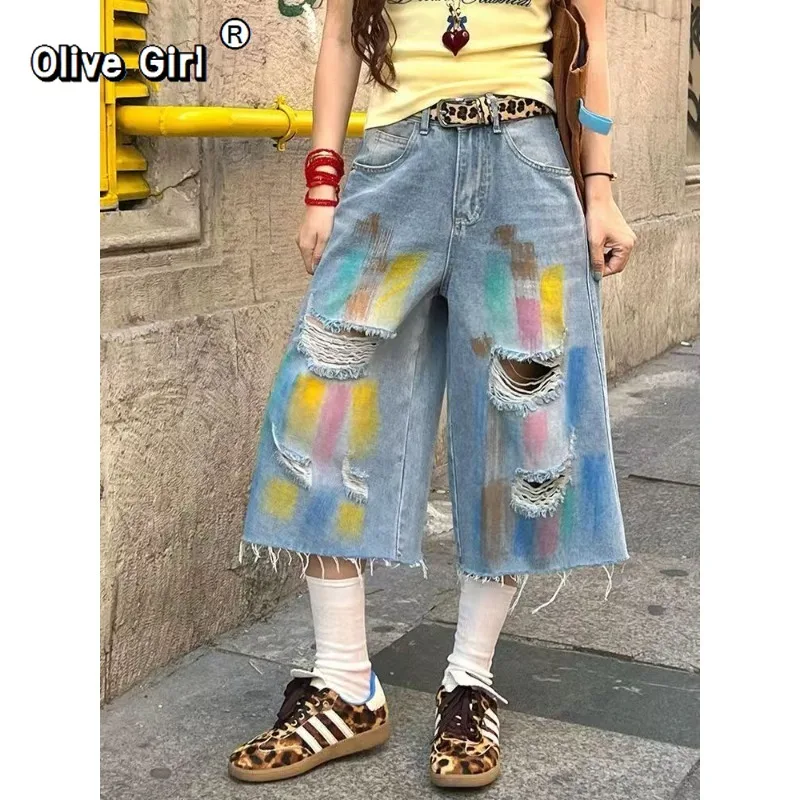 

Джинсовые джинсы Olivegirl размера плюс, американские брюки с радужным граффити, женские брюки, летние широкие свободные укороченные брюки