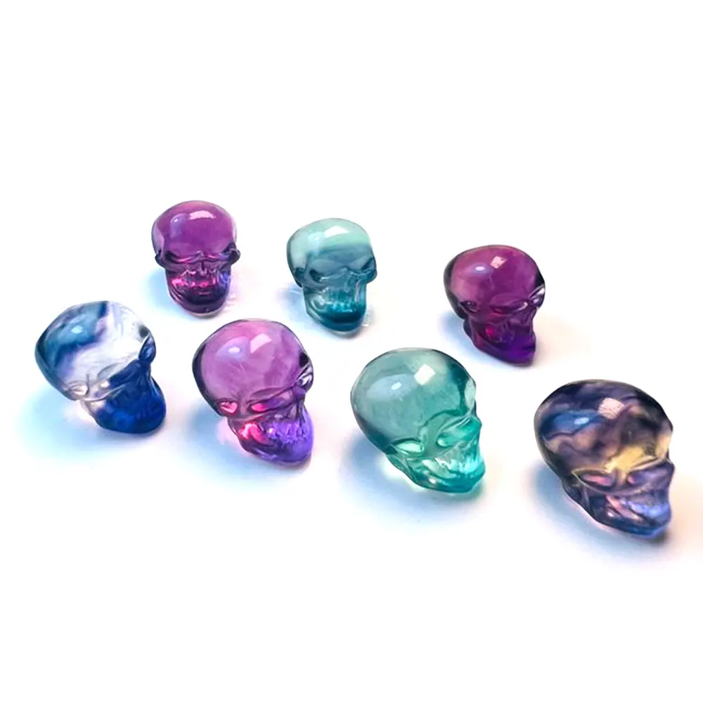 1 قطعة التماثيل فلوريت الطبيعية بلورات الجمجمة نحت كريستال حجر قوس قزح فلوريت المنحوتات الصغيرة شفاء هالوين الديكور #3