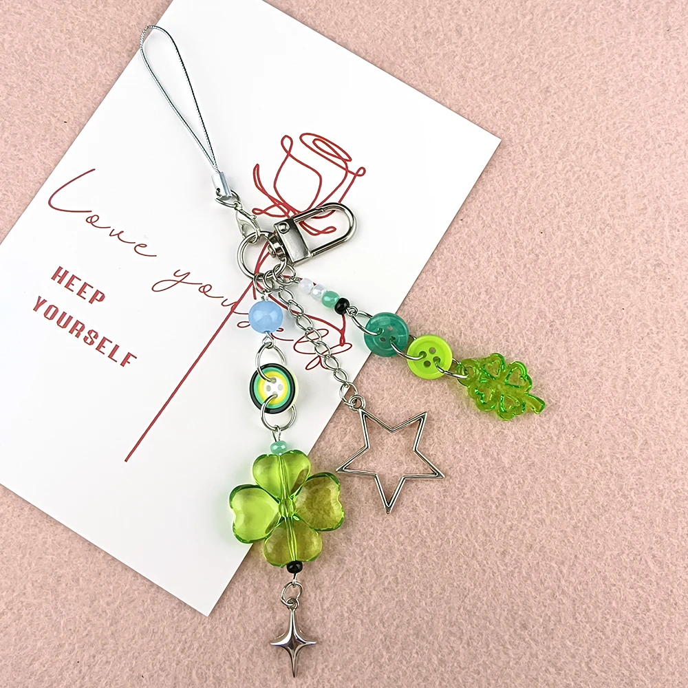 Grüner vierblättriger Kleeblatt-Schlüsselanhänger, Glücksklee, Handy-Lanyard, Stern-Anhänger, Schlüsselanhänger, Schmuck, Accessoires, süße Geschenke für Mädchen
