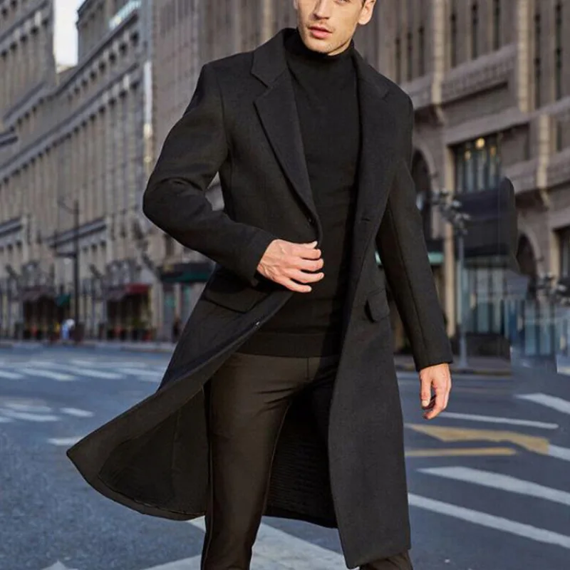 

Autumn Winter Man Windbreaker New Turn Down Collar Long Sleeve Men Overcoat Simple Oslid Color Single-breasted Male Outerwear