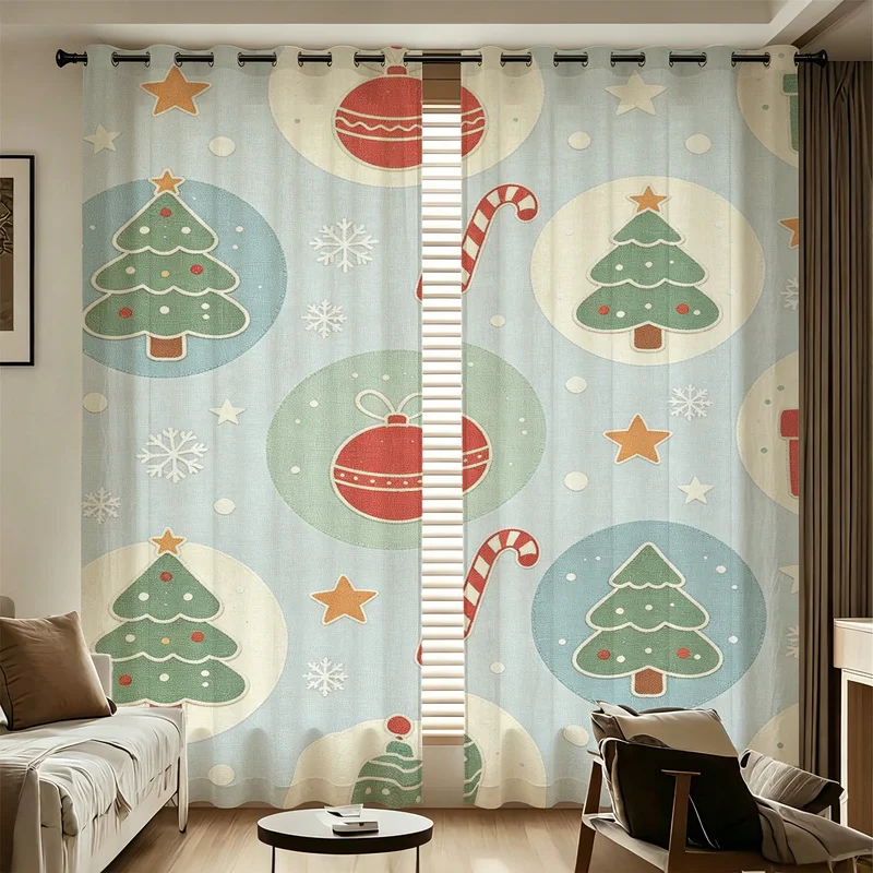 2Pcs Microfiber Curtain Set,Machine Washable,Easy Hanging & Installation,85% Light Blocking,Christmas Stars  Wreaths Print