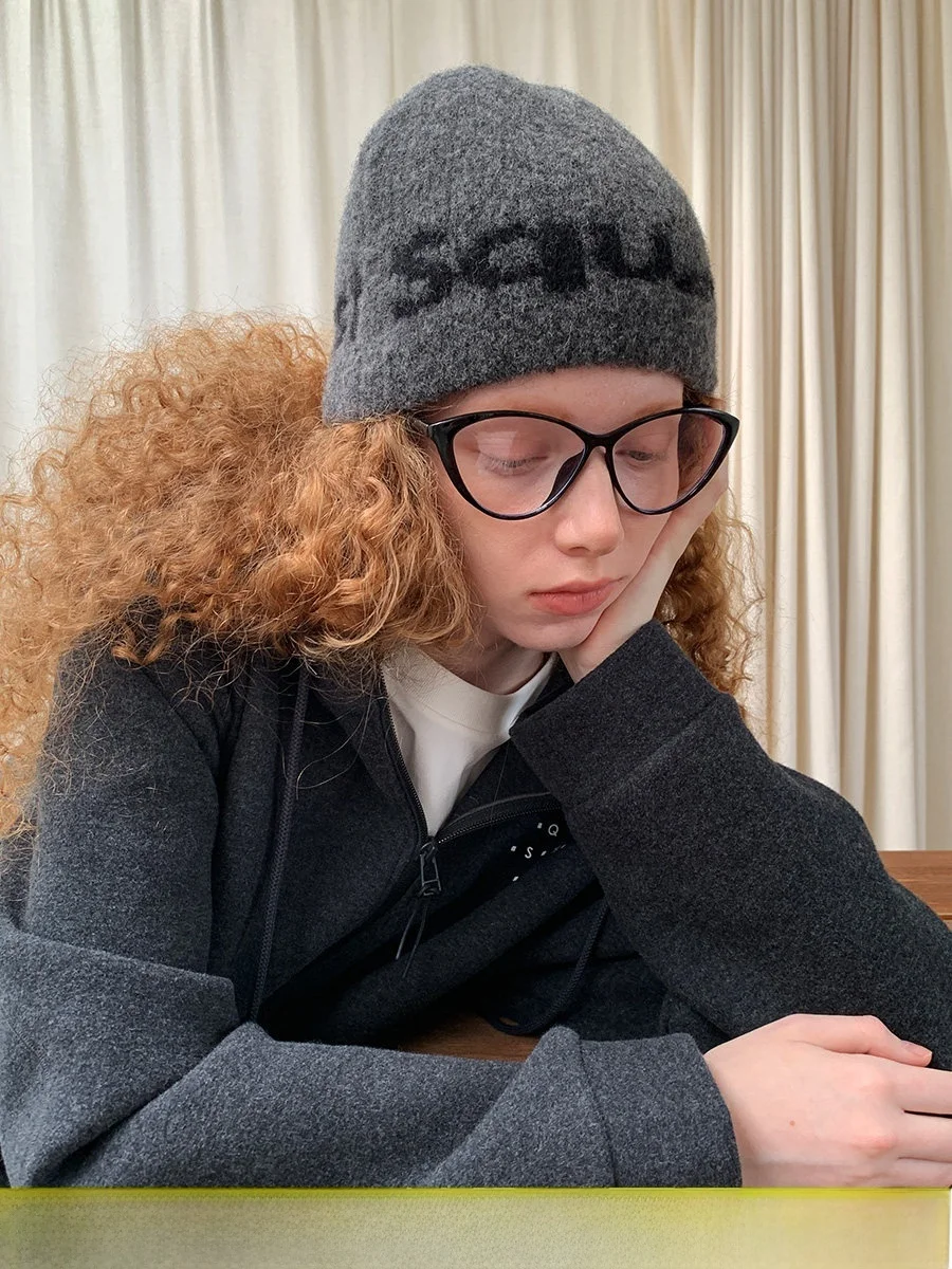 Warm Woolen Knitted Hat Square Houlest Letter Pattern round Top Large Circumference Face Slimming Cold Proof Women's Cap