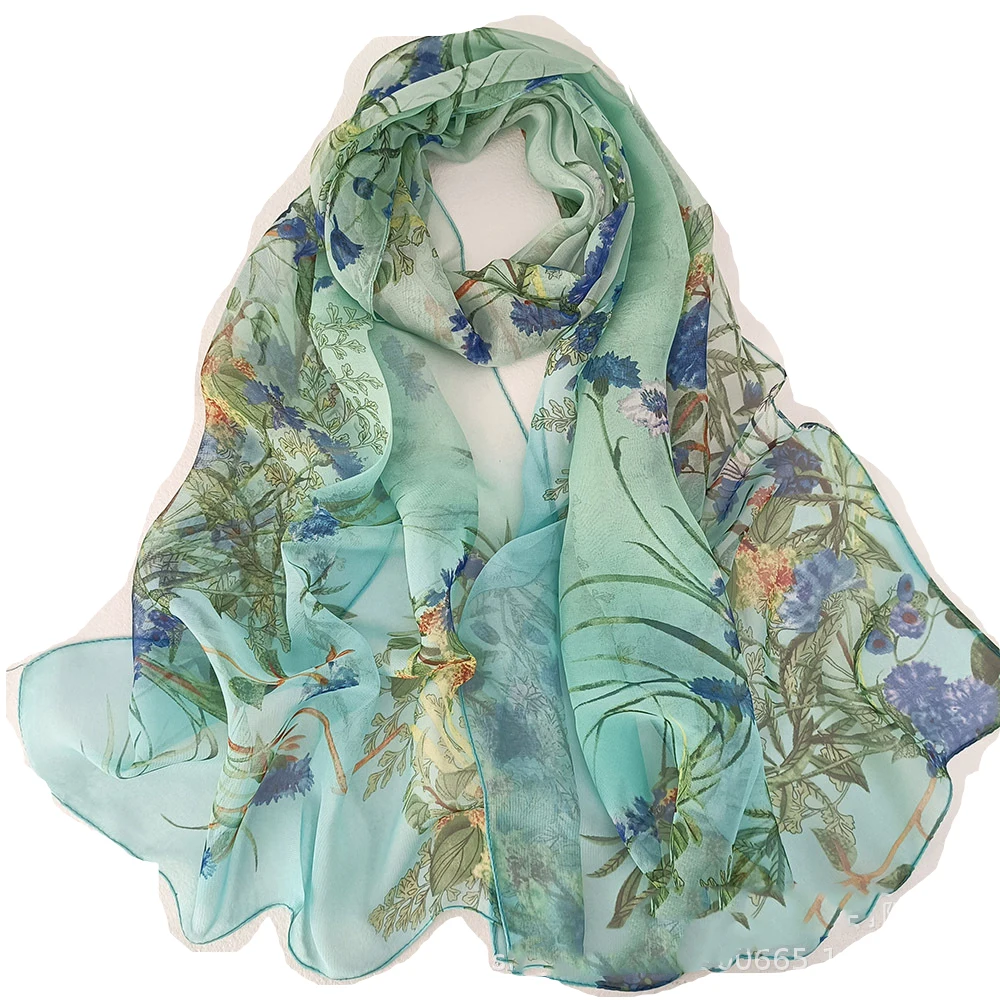 Neue Mode Blumen pflanzen Chiffon seidig Georgette Schal Frauen geometrischen Druck lange weiche Wickel Schal Strand Kopftuch Schals – Detail 7