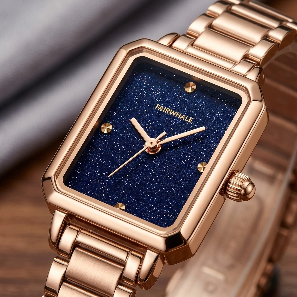 Fairwhale Ladies Wrist Watch Quartz Movement Rectangle Starry Dial Metal Bracelet for Women