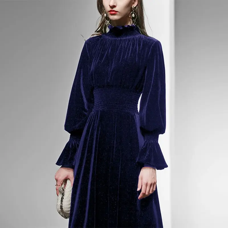 

2025 Spring Fall Women Fashion Elegant Ruffles Glitter Green Purple Long Velvet Dress , Woman Casual Velour Dresses