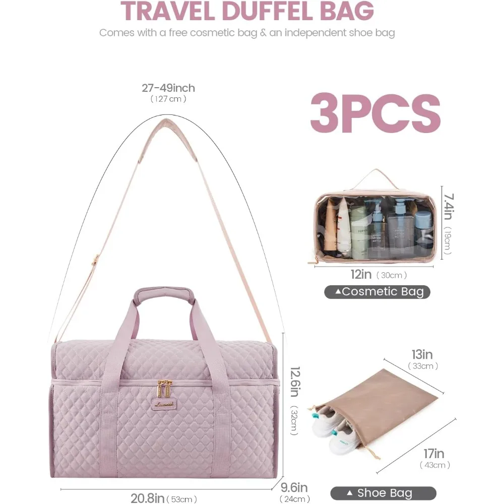 مجموعة حقيبة حمل لعطلة نهاية الأسبوع مع أدوات الزينة وجيب مبلل، معدات سفر مكونة من 3 قطع للرحلات الليلية