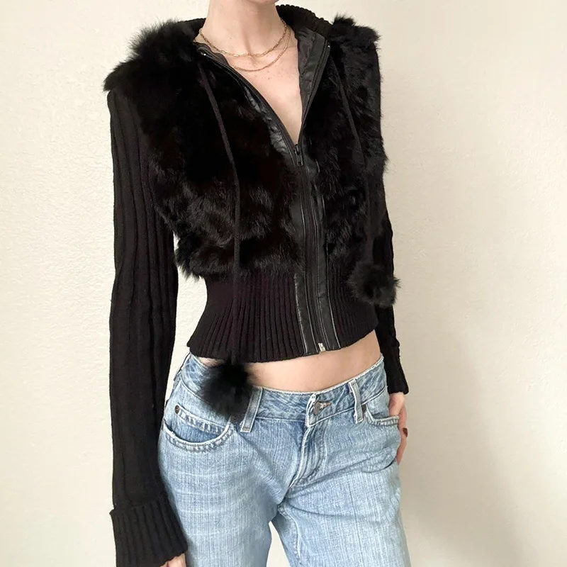 Fake fur Collar Warm Spring Rabbit Fur Coat Female Fur Knitted Jacket Outwear Fashion Long Sleeve Hooed Coats Cardigans