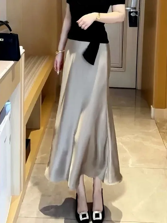 Silk Satin Drapey High Waist A-Line Midi Skirt Women Summer High-End Ice Silk Half-length Fish Tail Skirt Soft Comfortable
