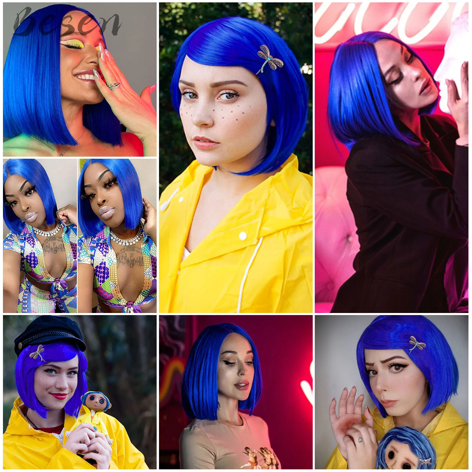 Synthetic Dark Blue Bob Wigs for Coraline Costume Women Girls Women\'s Costume Wigs Colored Bob Wigs for Cosplay Halloween Party