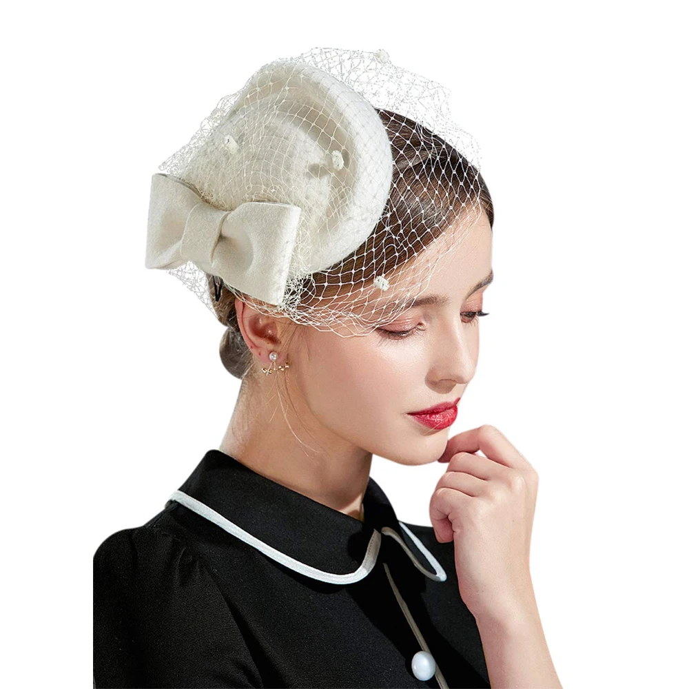 Women Elegant Bowknot Veil Fascinator Hat Cocktail Beret Cap Lady Wedding Party Church Hair Accessories Wool Felt Pillbox Hat