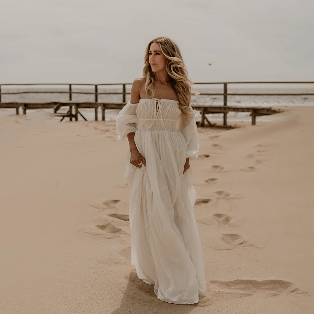 Boho Chiffon Maternity Photography Dresses Off Shoulder Pregnancy Dress White Puff Sleeve Photo Shoot Outfits Beach Gown