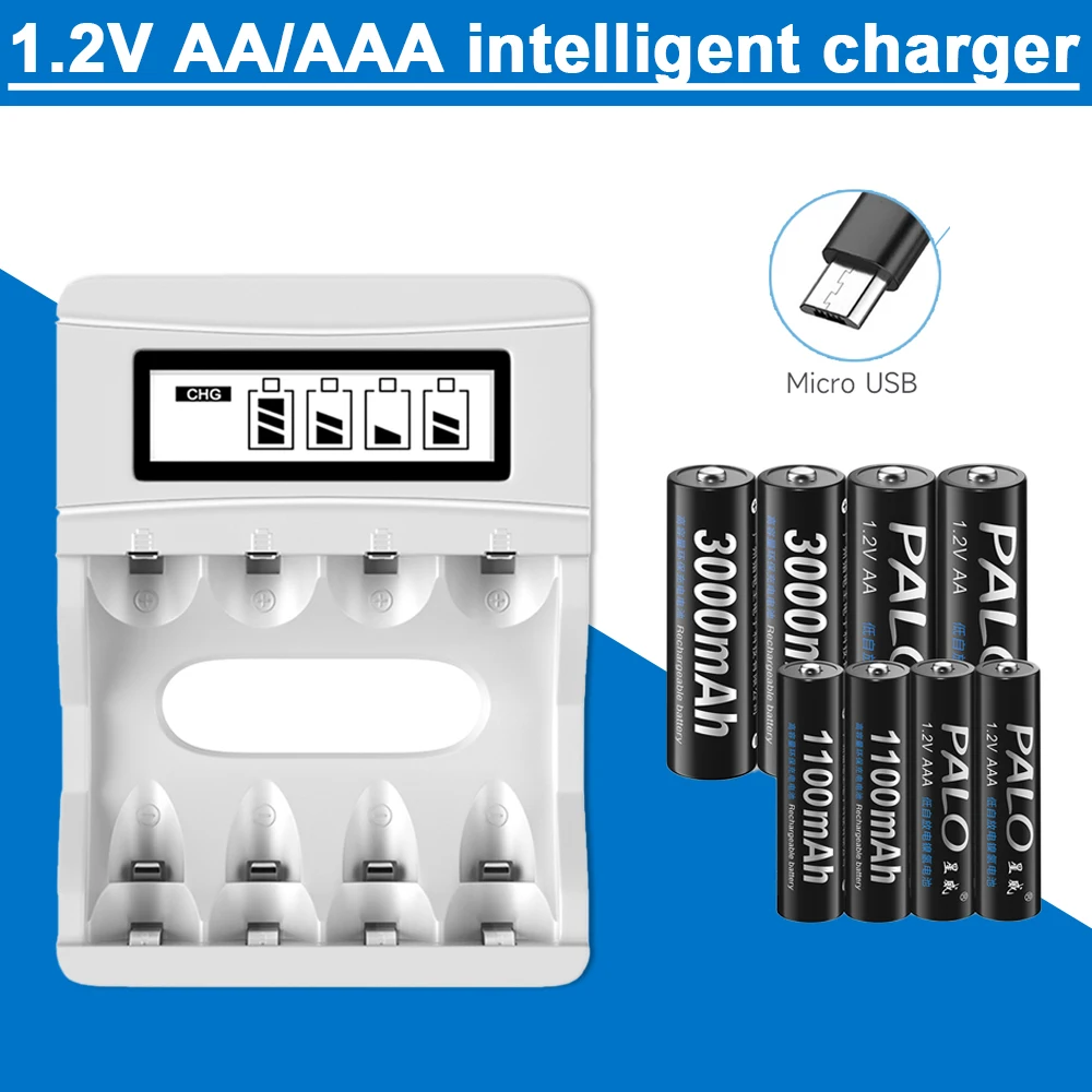 

PALO 1.2V Ni-MH/NI-Cd Charger for AA AAA Battery 4 Slots USB charger with LCD Smart Display for 2A 3A NiMH Batteries