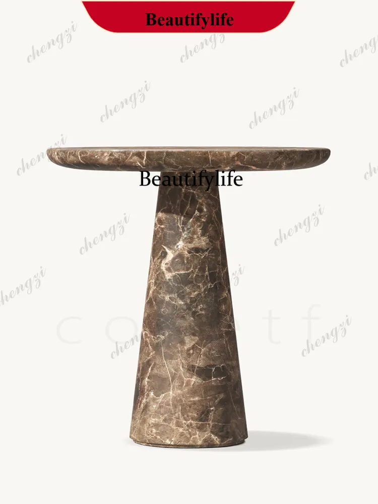 z183 Light luxury natural round dark brown mesh marble edge table, small apartment living room sofa side table