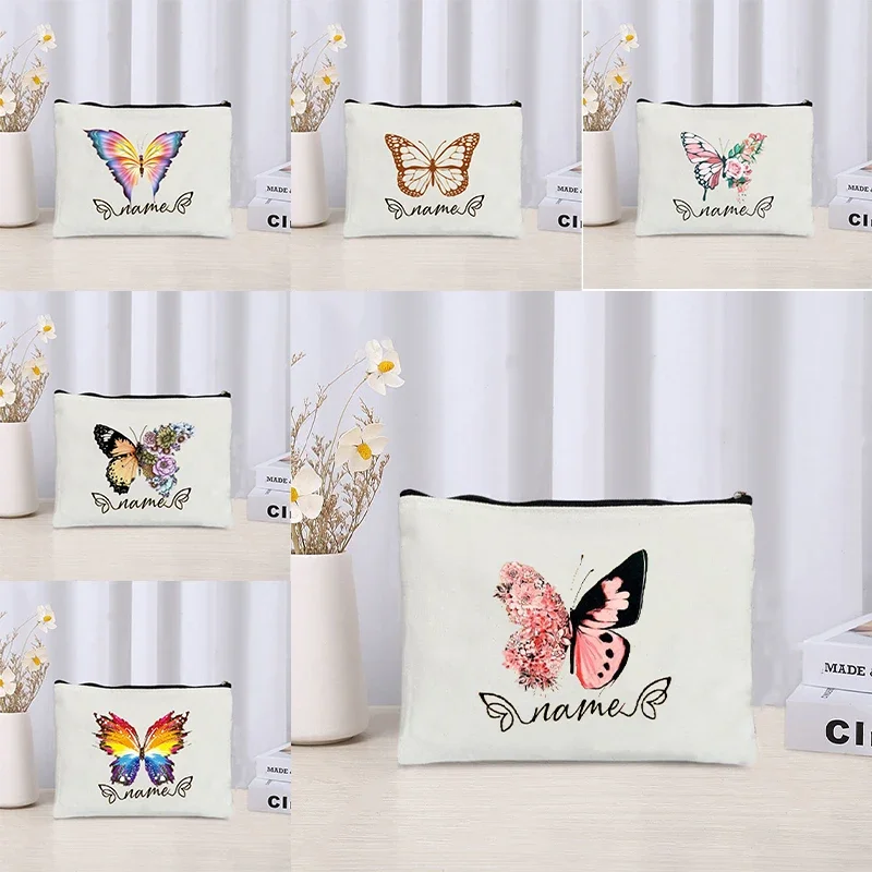 Custom Name Cosmetic Pouch Gift for Teachers Designer Clutch Colorful Butterfly Personalise Make Up Canvas Bag Aesthetics Case