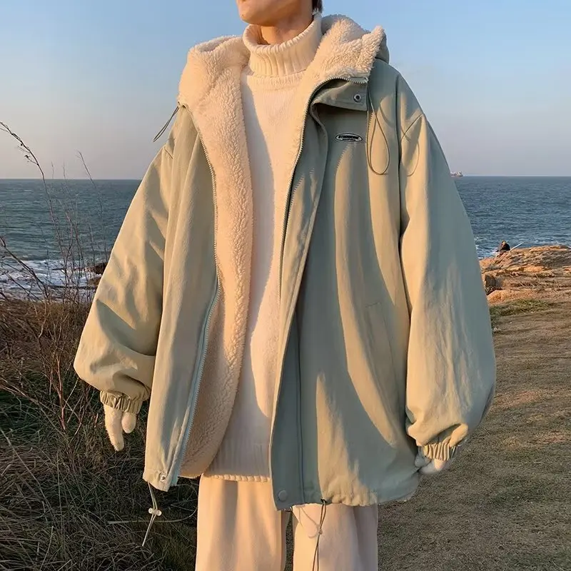 เสื้อแจ็คเก็ตผู้ชายแฟชั่นฤดูหนาว สีพื้น แขนยาว เรียบง่าย สไตล์ลำลอง ทันสมัย มีฮู้ด บุผ้าควิลท์ เสื้อโค้ทขนสัตว์