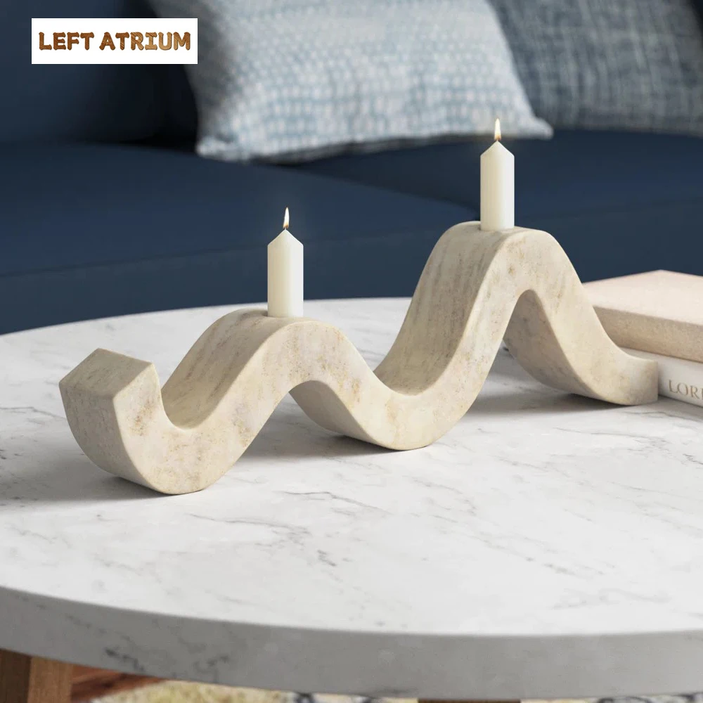 

Travertine Wave Double Taper Candle Holder Natural Marble Candlestick Vintage Home Decoration