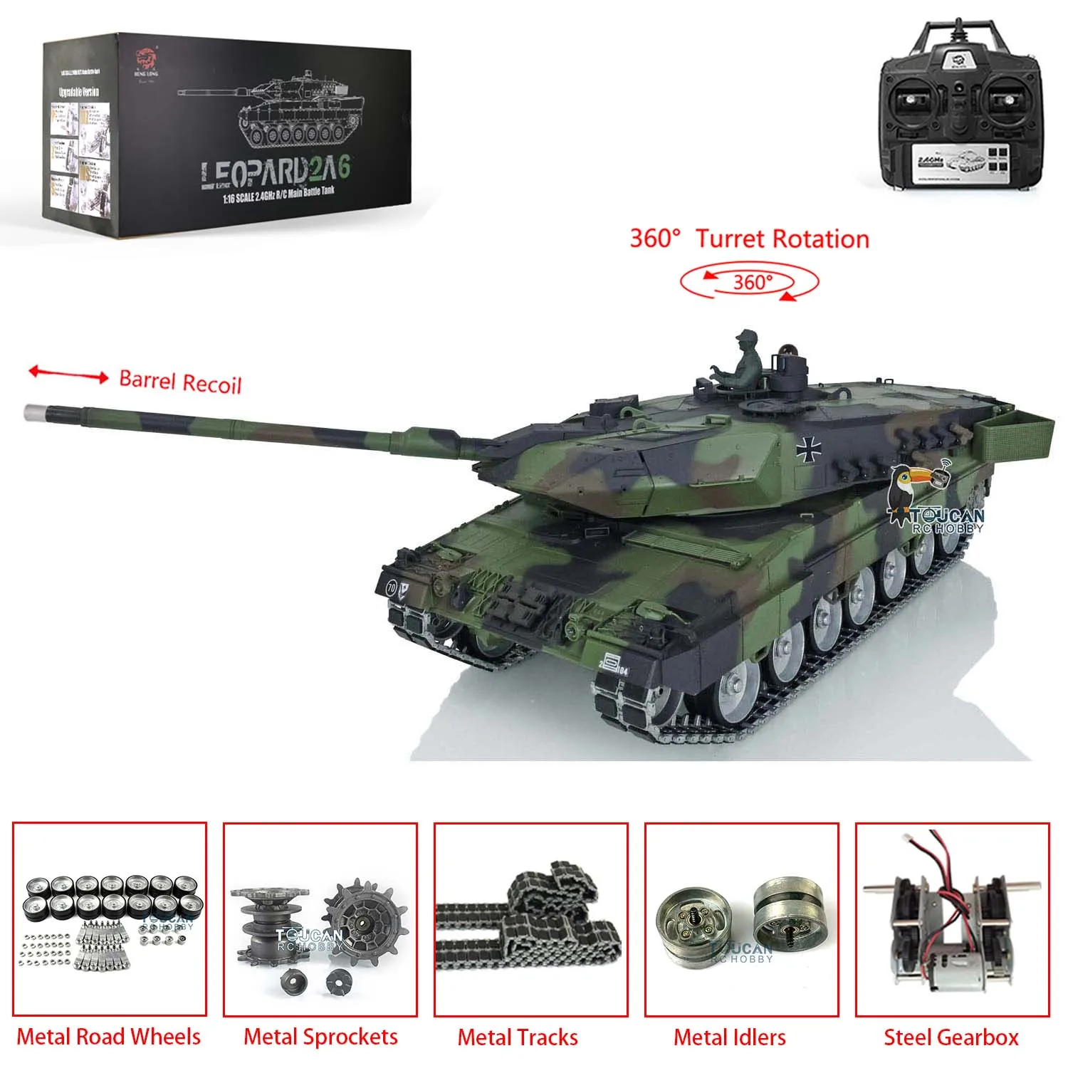 1/16 Henglong 7.0 Leopard 2A6 RC Panzer 3889 mit Barrel Recoil Metal Tracks Gummipads Fernbedienungsmodell für Sammler