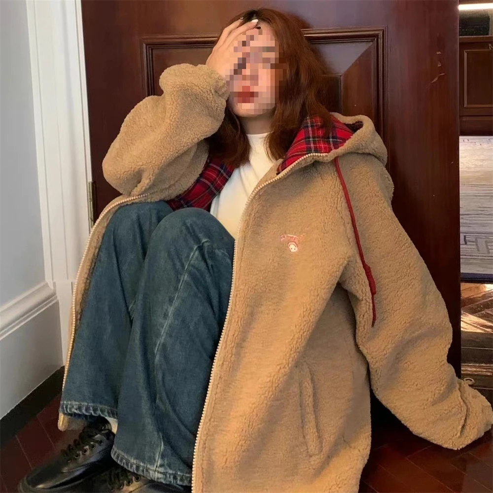 

Christmas Lamb Wool Plaid Hooded Jacket Zipper Jacket Autumn And Winter Loose Thickened Cardigan Brown Black Jacket Women's